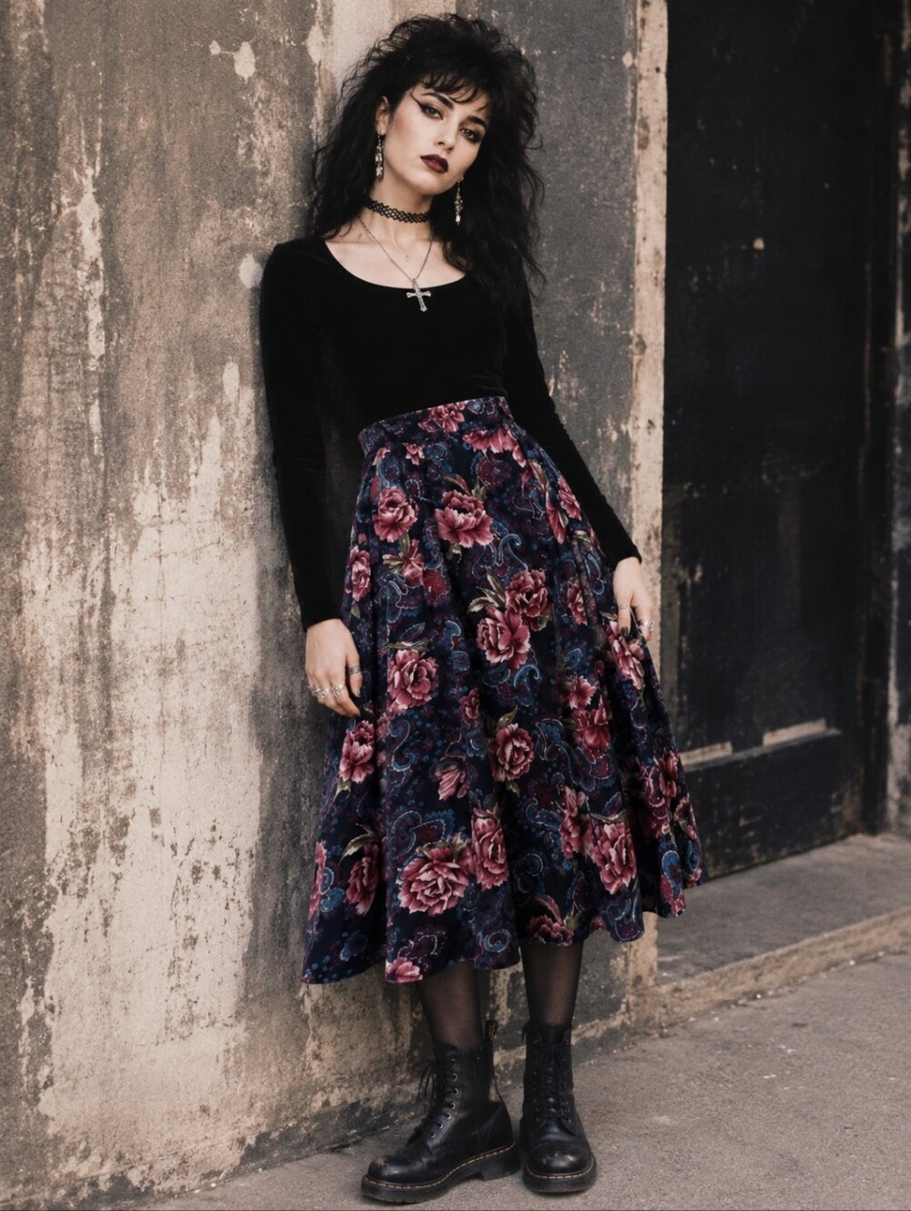 Vintage Women's Navy Floral A-Line Skirt with Pink Roses - True Vintage!